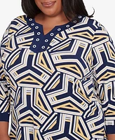 Alfred Dunner Plus Block Island Geometric Grommet Trim Top