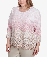 Alfred Dunner Plus Coming Up Roses Ombre Medallion Three Quarter Sleeve Top with Necklace