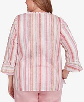 Alfred Dunner Plus Coming Up Roses Striped Button Down Embroidered Sleeve Top