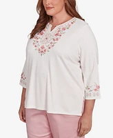 Alfred Dunner Plus Coming Up Roses Split Beaded Neck Embroidered Knit Top