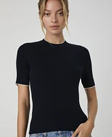 French Connection Women's Mozza Short-Sleeve Contrast-Trim Cotton Sweater Top