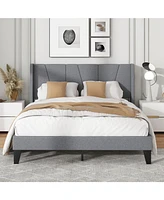 Gouun Full Size Bed Frame with Wingback Headboard and Wood Slat Support-Full Size