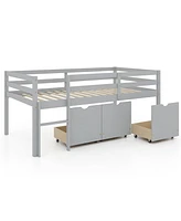 Gouun Twin Size Low Loft Bed with 3 Drawers with Ladder and Full-length Guardrails