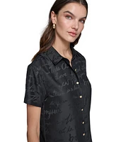 Karl Lagerfeld Paris Women's Tonal Script-Print Camp Shirt