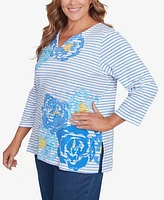 Ruby Rd. Plus Floral Embroidered Script Stripe Top