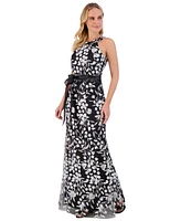 Eliza J Petite Floral-Embroidered Sleeveless Gown