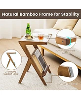 Gouun Boho End Table with Magazine Rack and Tempered Glass Top