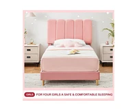 gaomon Pink Twin Bed Frame, Velvet Upholstered Platform Bed Frame with Headboard, Strong Wooden Slats, Noise-Free,No Box Spring Needed, Easy Assembly