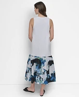 Dkny Women's Mixed-Media Floral-Hem Sleeveless Dress