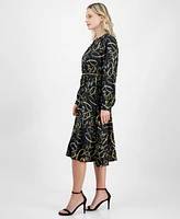 T Tahari Women's Button-Front Long-Sleeve Chain-Belt Dress