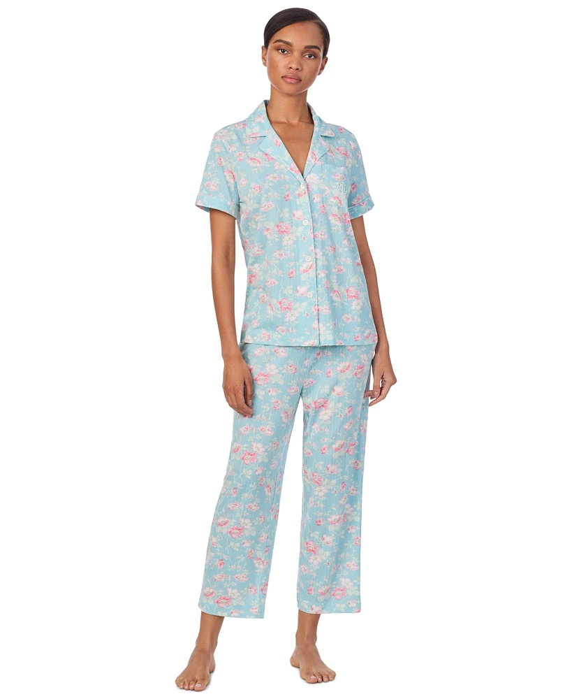 Lauren Ralph Women's 2-Pc. Short-Sleeve Notch-Collar Cropped-Pant Pajama Set