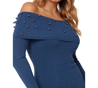 Guess Women's Off-The-Shoulder Embellished Cable-Knit Dress