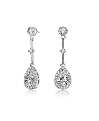 Genevive Sterling Silver White Gold Plated with Clear Pear & Round Cubic Zirconia Accent Chandelier Earrings