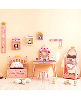 Gouun Kids Princess Vanity Table and Stool Set with Drawer and Mirror