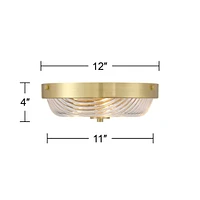 Regency Hill Carmine 12" Modern Flush-Mount Ceiling Light Fixture Kitchen Foyer Hallway Bowl Round Clear Brass Finish Glass Bedroom Bathroom Entryway