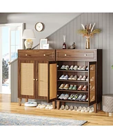 Tribesigns Shoe Cabinet with Doors and Drawer, Modern Shoe Storage Cabinet for Entryway, Rattan Shoes Cabinet with Adjustable Shelf, Wooden Shoe Organ