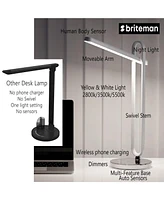 Briteman Desk Lamp, Wireless Phone Charger, Hand -Swipe Dimmer, Yellow & White Light Options, Movable Arm and Neck