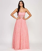 Say Yes Junors' Illusion-Front Lace-Up-Back Glitter Gown, Created for Macy's