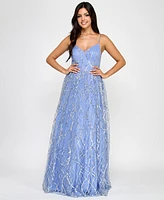 Say Yes Juniors' Glitter-Tulle Lace-Up V-Neck Gown, Created for Macy's