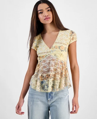Madden Girl Juniors' V-Neck Cap Sleeve Babydoll Lace Top