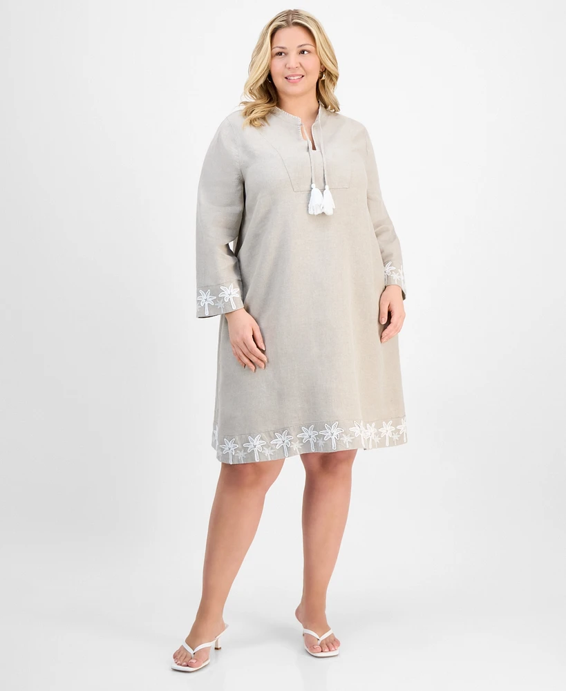 Charter Club Plus Tassel-Tie Linen Long-Sleeve Dress, Exclusively at Macy's