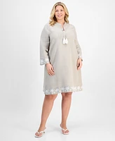 Charter Club Plus Tassel-Tie Linen Long-Sleeve Dress, Exclusively at Macy's