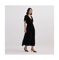 Reistor Women's V-neck Gathered Maxi Dress Black