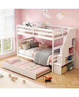 Home Wood Bunk Bed with Guard Rail and 4-step Storage Stairs No Box Spring Needed