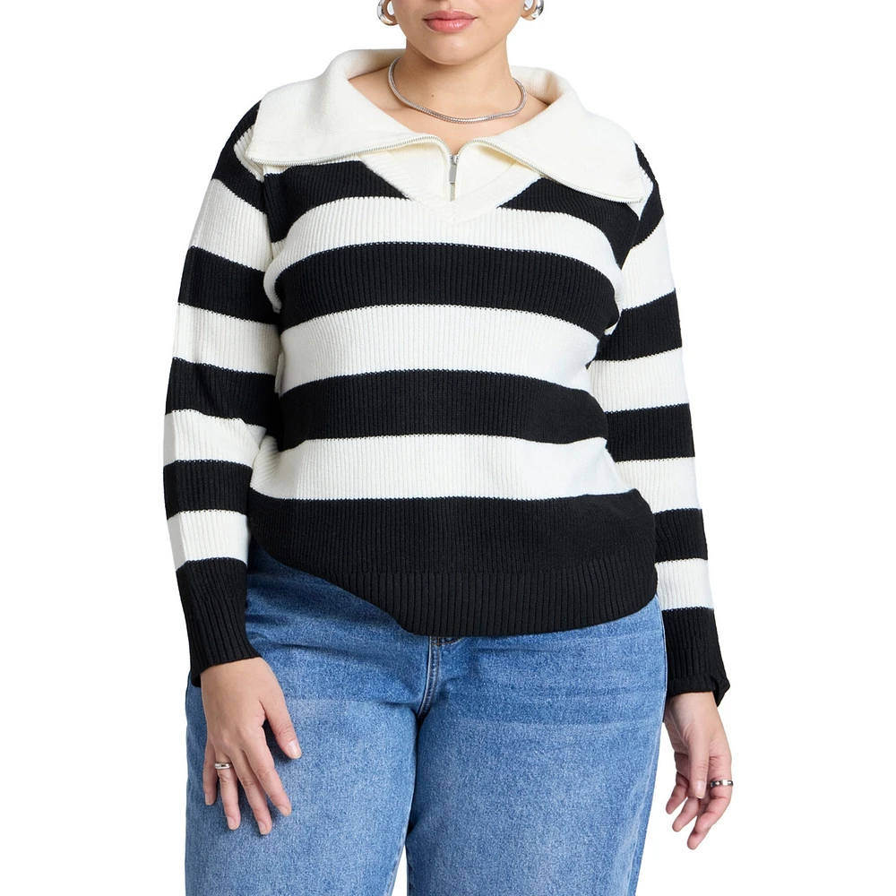 Eloquii Plus Striped Quarter Zip Sweater