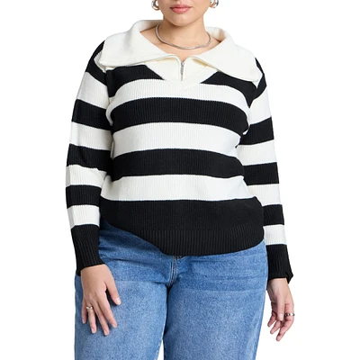 Eloquii Women's Plus Striped Quarter Zip Sweater