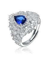 Rachel Glauber White Gold Plated with Tear-Shaped Blue Cubic Zirconia Cluster Ring