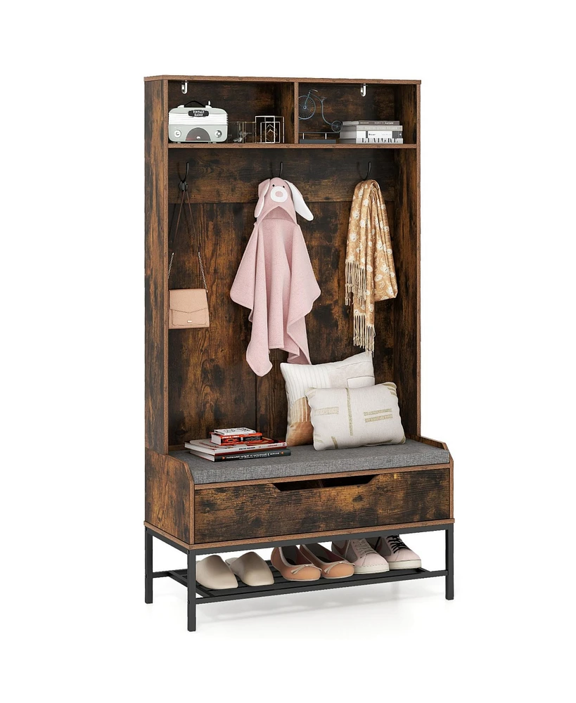 Gouun 69-Inch 4-in-1 Hall Tree with Coat Rack, Seat Cushion, Shoe Storage, and Shelf