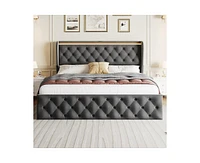 gaomon Queen Led Bed Frame with Charging Station, Velvet Upholstered Platform Bed Frame with Button Wingback Headboard