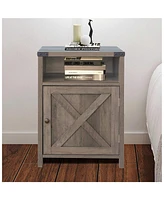 Slickblue Farmhouse Style End Table Barn Door Nightstand for Rustic Bedroom or Living Room Storage