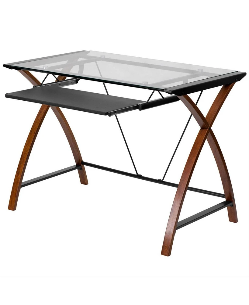 Slickblue Modern Glass Top Writing Table Computer Desk with Keyboard Tray