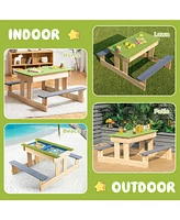 Gouun 3-in-1 Outdoor Wooden Kids Sand and Water Activity Table with Benches and Storage Boxes