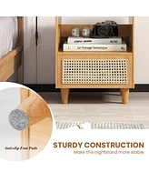 Gouun Bamboo Rattan Nightstand with Drawer and Solid Wood Legs