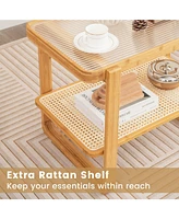 Gouun 2-tier Bamboo Side Table with Glass Top