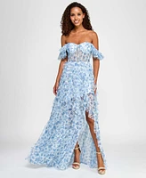 City Studios Juniors' Ruffled Off-The-Shoulder Corset Gown, Created for Macy's