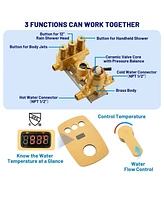 Casainc 3-Function 12 Inch Temperature Digital Display Shower System With 2-Setting Slider Bar Handheld And 4Pcs Body Jets