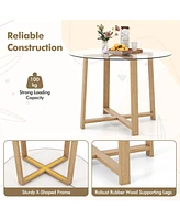 Gouun 42 Inches Round Glass Dining Table with Tempered Glass Tabletop and Rubber Wood Legs