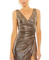 Mac Duggal Women's Metallic Ruched Detail Front Slip V Neck Gown