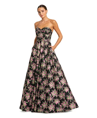 Mac Duggal Women's Strapless Sweetheart Brocade Floral A Line Gown