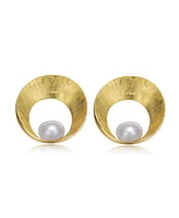 Genevive Sterling Silver 14K Gold Plated with Genuine Freshwater Round Pearl Stud Earrings