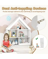 Costway Wooden Kids Dollhouse Bookshelf with Open Shelves Anti-toppling System Bookcase