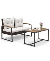 Gouun 2 Pieces Patio Pe Wicker Furniture Set with Acacia Wood Table