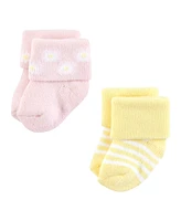 Hudson Baby Girls Cotton Rich Newborn and Terry Socks, Lemon Daisy, 0-6 Months