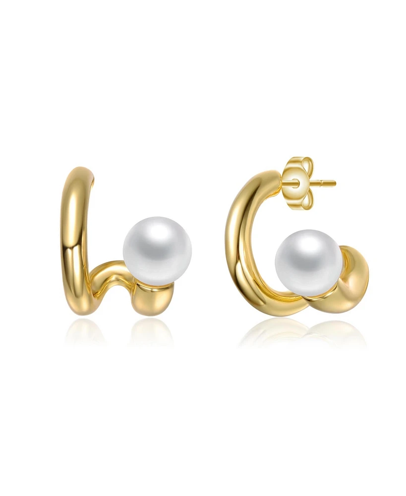 Genevive Sterling Silver 14K Gold Plated with Freshwater Pearl Scrolling Ribbon Earrings