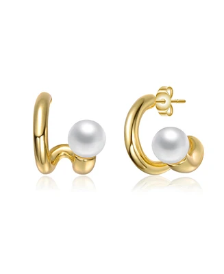 Genevive Sterling Silver 14K Gold Plated with Freshwater Pearl Scrolling Ribbon Earrings