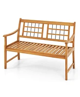 Gouun Patio Acacia Wood Bench with Curved Armrests Slatted Seat and Backrest